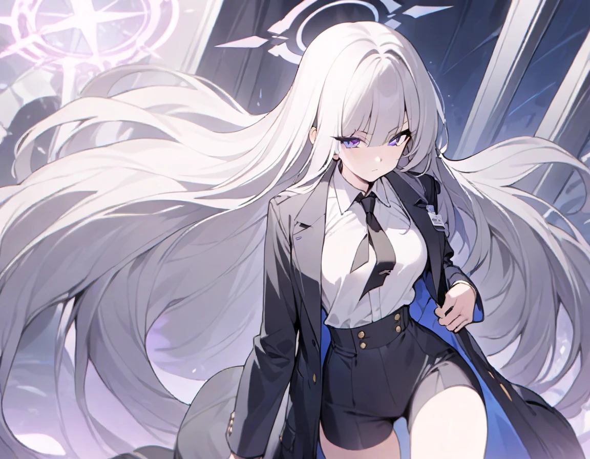 (Highest quality), (High resolution), (masterpiece), (Super detailed), (Highest quality), (High resolution), (masterpiece), (Super detailed), (Bright saturation), Thigh-length hair, White Hair, Heterogeneous eyes: purple left eye and blue right eye, Blue Archive Art Style, One girl, Swinging a black sword in his right hand, Left hand in pocket,  girl, (Black long coat, White shirt, Black tie, Black trousers, suit,) whole body, Countless swords of light are stuck in the ground., Magic circle in the background, Expressionless, Vivid saturation, Black halo
