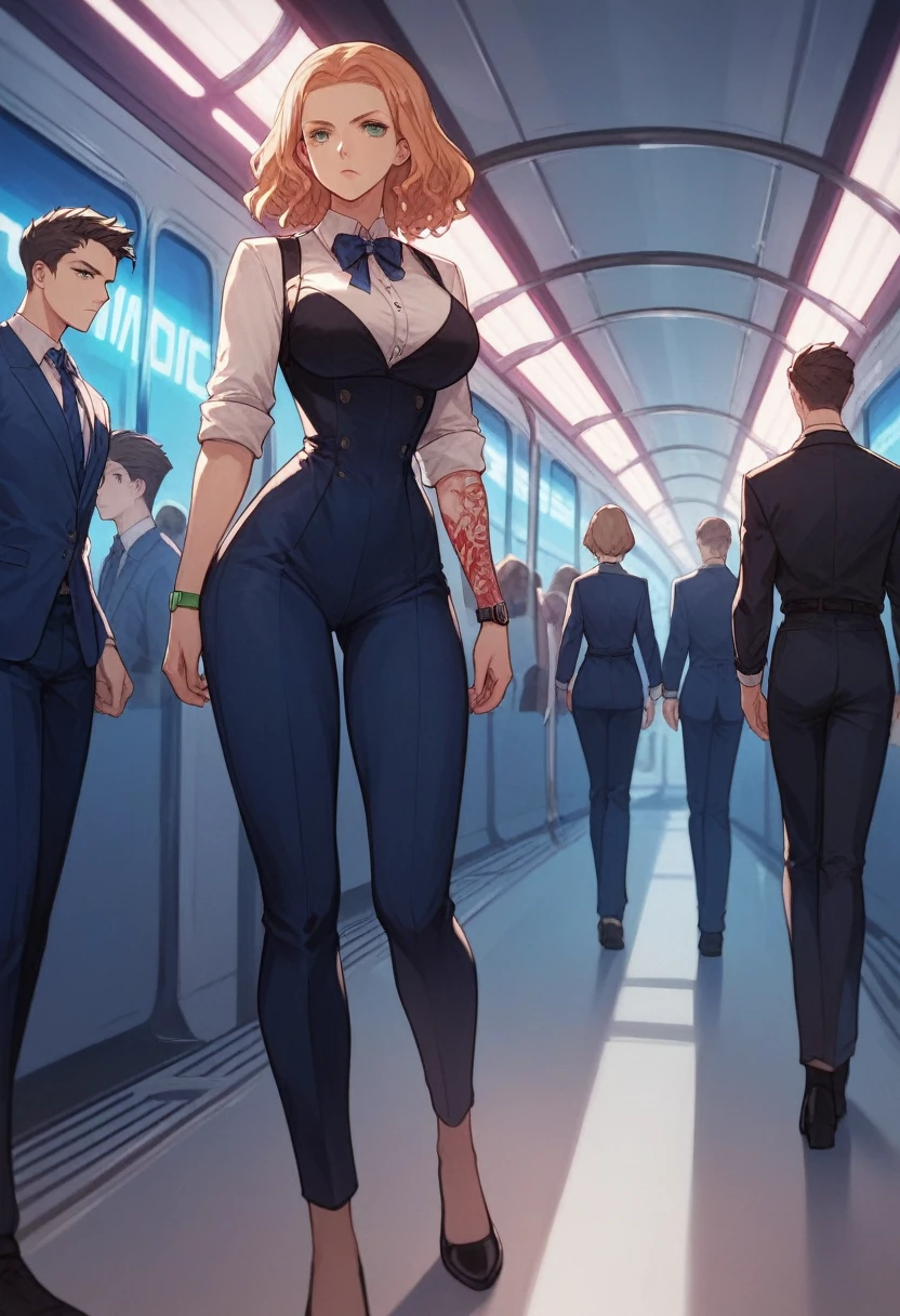 vermilion mimosa, Women, defined body, big breasts, small waist, thin arms, serious expression, Un chaleco blue suit with stripes, A light blue dress shirt with the sleeves rolled up to the elbows, Pants matching the vest, blue suit with stripes, black dress shoes, watch on left wrist, tattoos on forearms, head injury, walking epically, blood dripping from forehead, walking between the cars of a futuristic train, on a train, illuminated neon lights, alone