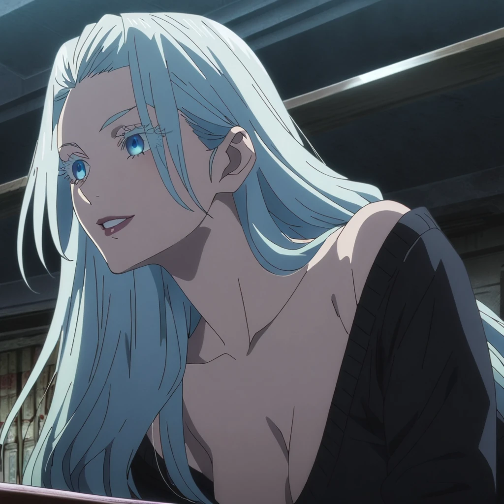 1girl, female gojo satoru, anime screencap from jujutsu kaisen, gojo satoru female version, solo, very long_hair, ((The hair is styled with part of it pulled back and the rest cascading down her back)) blue eyes, ((white eyelashes)), ((very long white_hair)), night view, breasts, upper_body, smile, indoors, book, bangs, blue_eyes, lips, (wearing round sunglasses)  wearing black color sweater off the shoulder, breast, "very detailed and high resolution" (blue eyes) ((smooth texture hair)) ((solo)) ((high resolution)) ((close up shot)) (Good quality)  cleavage,((front view))