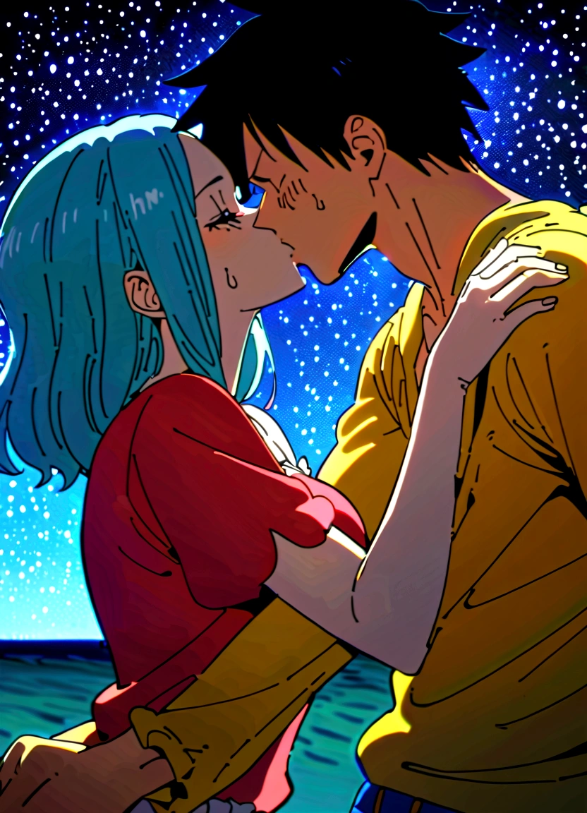 Luffy and Robin alone together ...from the anime "One Piece", embracing each other while passionately kissing each other, on a starry night in the seas. absurdres, high res, ultra sharp, 8k masterpiece.