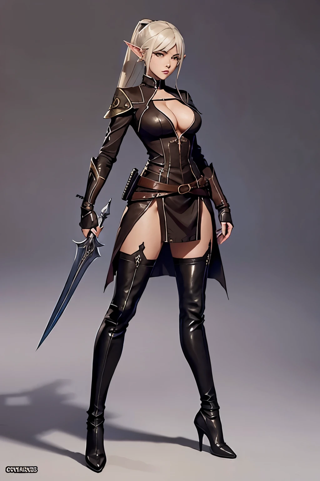 fantasy warrior woman wearing brown leather clothes, brown leather, less detailed clothes, sexy, tight clothing, flat heel shoe, assassin hat, game character design, stylized anime style, ninja assassin, full body, standing in A-pose, ultra realistic, ultra HD, octane render, high quality, masterpiece
