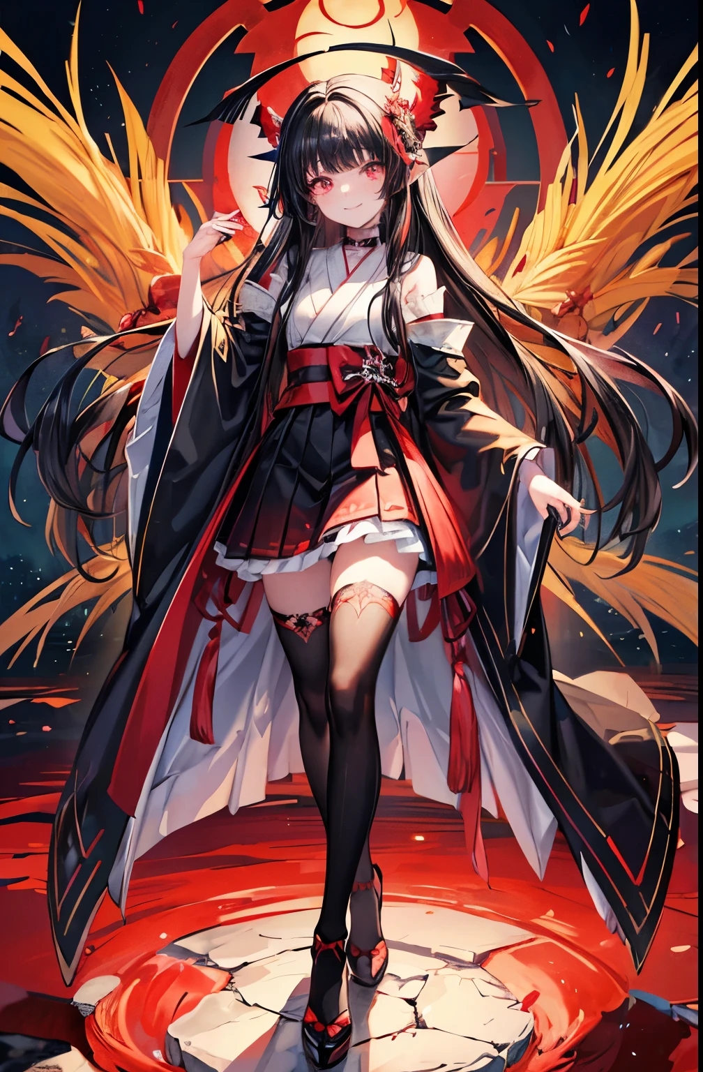[(Detailed Background:1.4)::5],original,(figure:1.1),(Highest quality),(Tabletop:1.1),(Highly detailed CG Unity 8k wallpaper:1.1), (colorful:0.9),(Mid Shot:0.95),(very detailed beautiful whole body),Dynamic Angle,(alone:1.2), (girl),(((Adult))), (Beautiful eyes in every detail:1.15), (Beautiful Face:1.15), (Glowing red eyes:1.25////),(Black Hair),Pale skin，Pink Eyes，Red Bow，Amaryllis，((Wicked Smile))，crystal earrings in the ears，raven feather skirt,whole body,Wearing shrine maiden stockings,((Long black hair)),Long black hair,