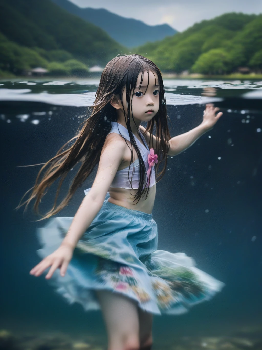  partially underwater, lakeの女神, Long Hair, Wet Hair,
lake,Dark Background, Blurred Edges,8-year-old、Flat Chest、skirt、Above the neck above the water、Body in water, Underwater Photography、浮力でskirtがめくれる