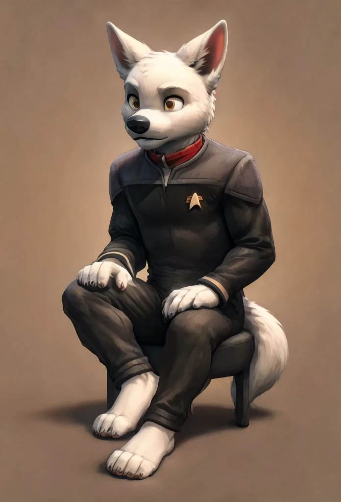 (((Barefoot furry character, full body, cinematic setting, furry male, plantigrade))) 

(((Bolt))) (anthro dog with white fur, very cute and young looking face, big black snout), exudes confidence and authority as he sits in the captain's chair, and his Star Trek DS9 uniform with the Starfleet Delta badge on his chest is a perfect match for his muscular figure. Handsome clawed feet paws dominate the bridge of the star ship and its crew. (((black and grey ds9st uniform with red collar))). Bridge of starship with many screens and consoles as background, futuristic look, metalic. anatomically correct, Long black pants, black shirt with gray shoulders, red collar.

BREAK, intricate details, highly detailed, extreme detail, octane render, fine art, best quality, highres, (detailed face:1.5), ((full_body)), UHD, (((perfect hands))), low light