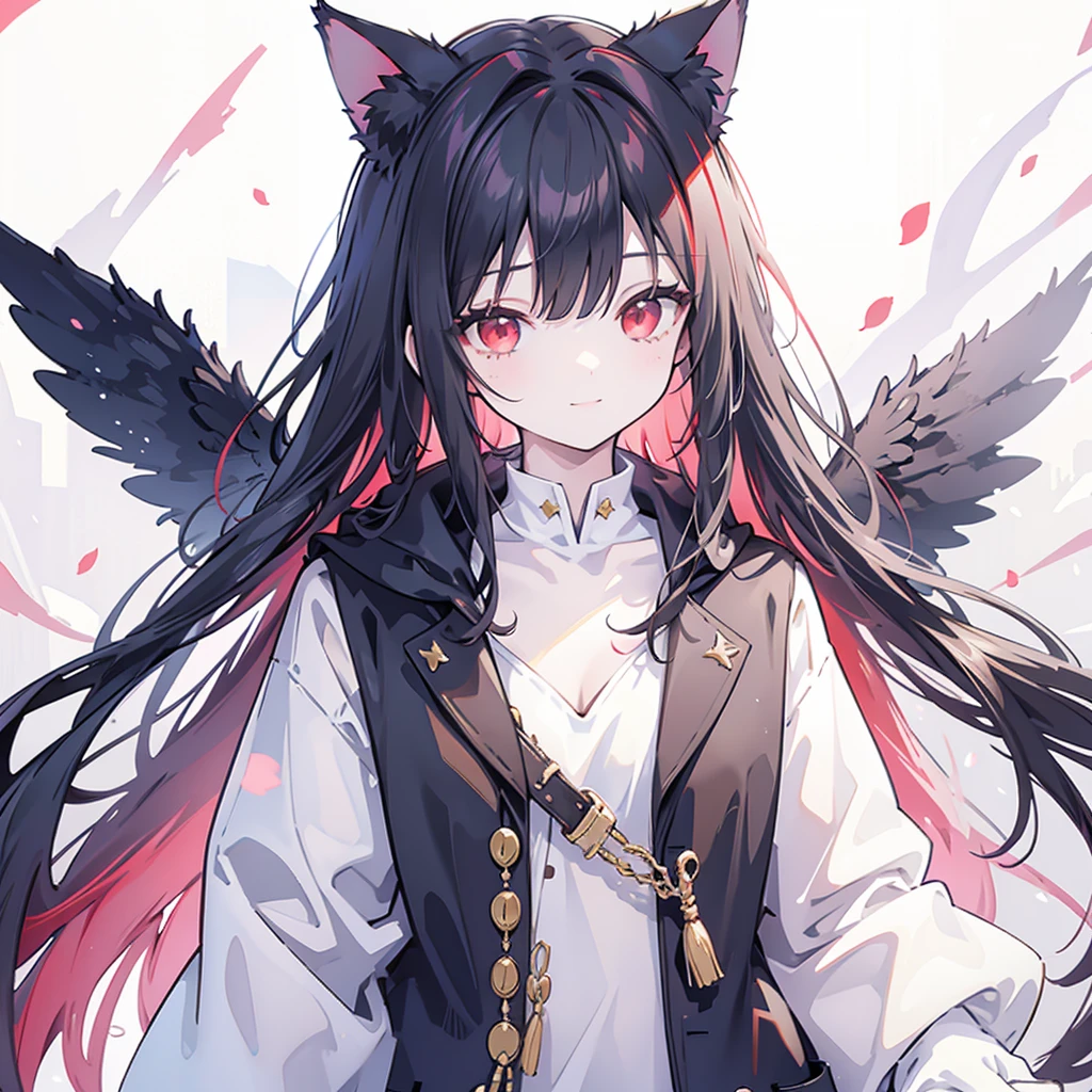 (((Fantasy　Black Hair　Dye the inside of your hair red　Long Hair　Dull red eyes　Cat ear　Beastman　Pad)))　((I have a crystal　uniform　Put on a coat without putting your arms through it　Wings many times larger than mine　Center close-up))　((Smile　gloves))　(Light　star)　Catch the wind　Shining Background　Lightの粒子, rainbow colored edges