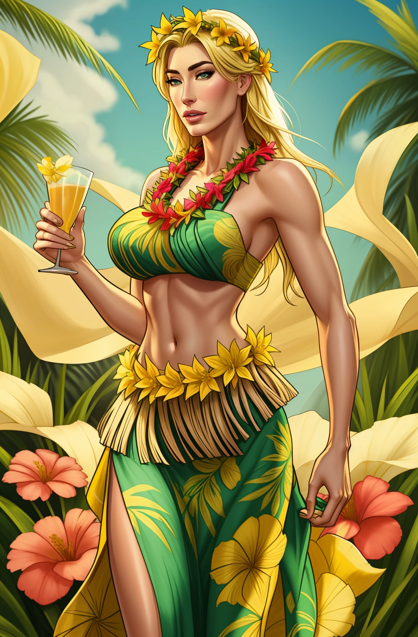 Jaime Murray wearing a garland of flowers, girl wearing a lei, grass skirt, slight smile, seductive, blonde, topless
