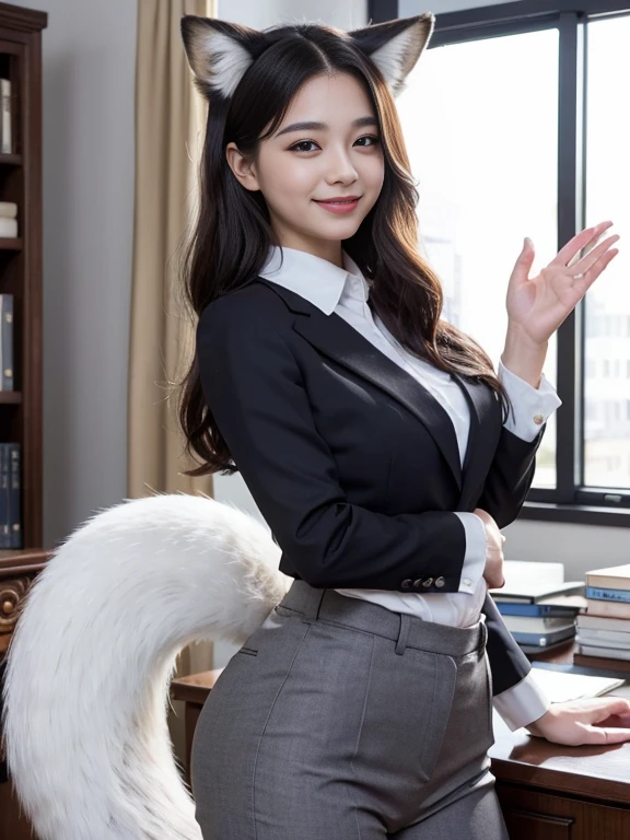 ((highest quality, 32k)), ((masterpiece)), (Get used to it), Perfect Face, Fox Girl, Beautiful woman, public, There is a tail, she has a fox tail, She wags her fluffy tail, smile, collar, She wears a business suit, Beautiful hip line, A tail sticking out from a business suit, Large Breasts, Big Ass