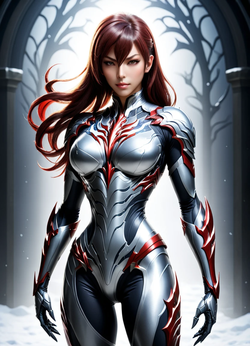 Concept Art (Digital Artwork:1.3) of (Simple illustration:1.3) 身穿银白色服装of女人站在城市里, From《Lineage 2》, wearing witchblade armor, Lineage 2 风格, Unreal Engine rendering of Saint Seiya, of a beautiful female warframe, from ncsoft, silver armor and red clothing, 超精细of幻想人物, Play Style：Square Enix, Unreal Engine Rendering Goddess, 8k Character Details CGSociety,Art Station,(Low contrast:1.3) . Digital Artwork, 说明性of, 性of, Painted landscapes, Very detailed