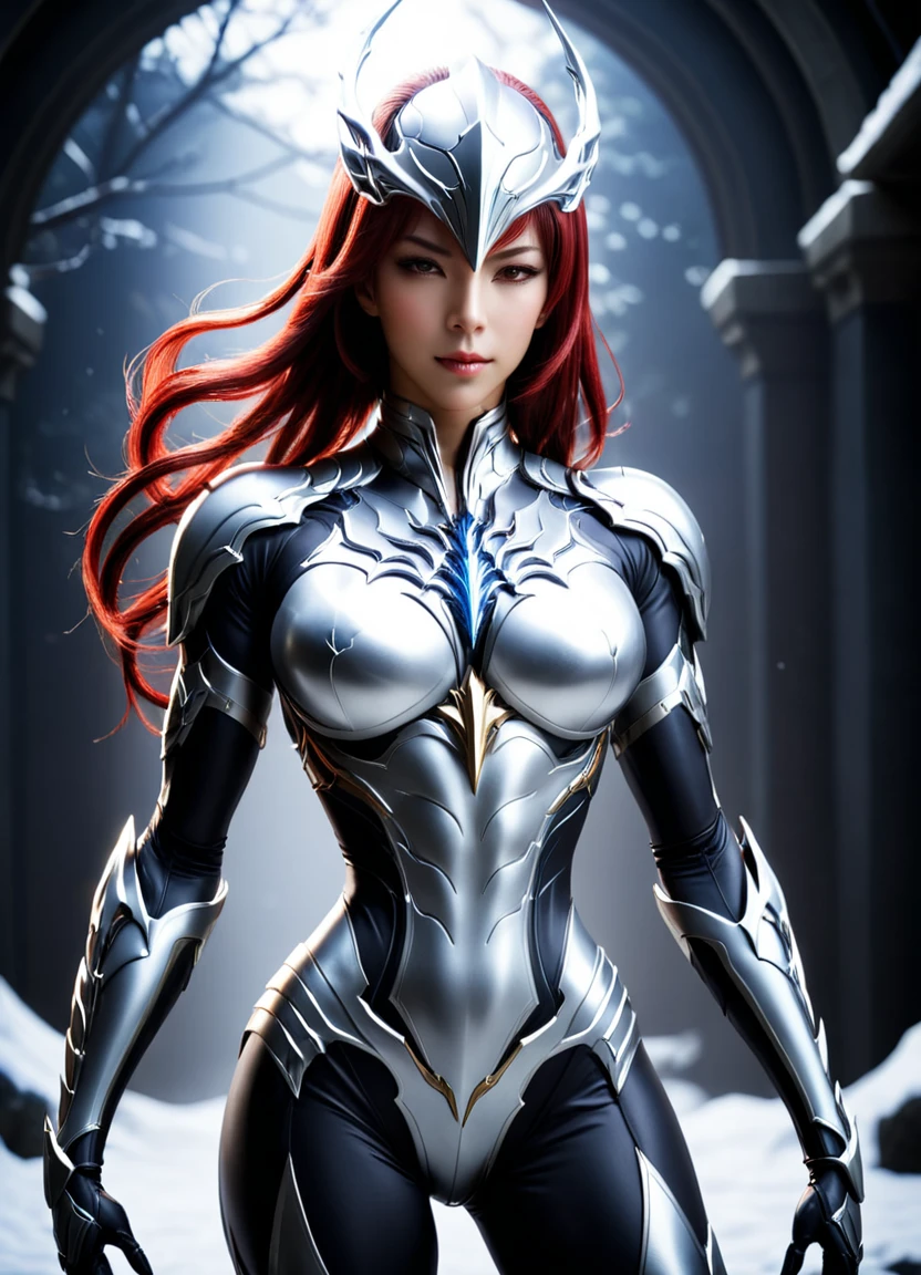 Concept Art (Digital Artwork:1.3) of (Simple illustration:1.3) 身穿银白色服装of女人站在城市里, From《Lineage 2》, wearing witchblade armor, Lineage 2 风格, Unreal Engine rendering of Saint Seiya, of a beautiful female warframe, from ncsoft, silver armor and red clothing, 超精细of幻想人物, Play Style：Square Enix, Unreal Engine Rendering Goddess, 8k Character Details CGSociety,Art Station,(Low contrast:1.3) . Digital Artwork, 说明性of, 性of, Painted landscapes, Very detailed