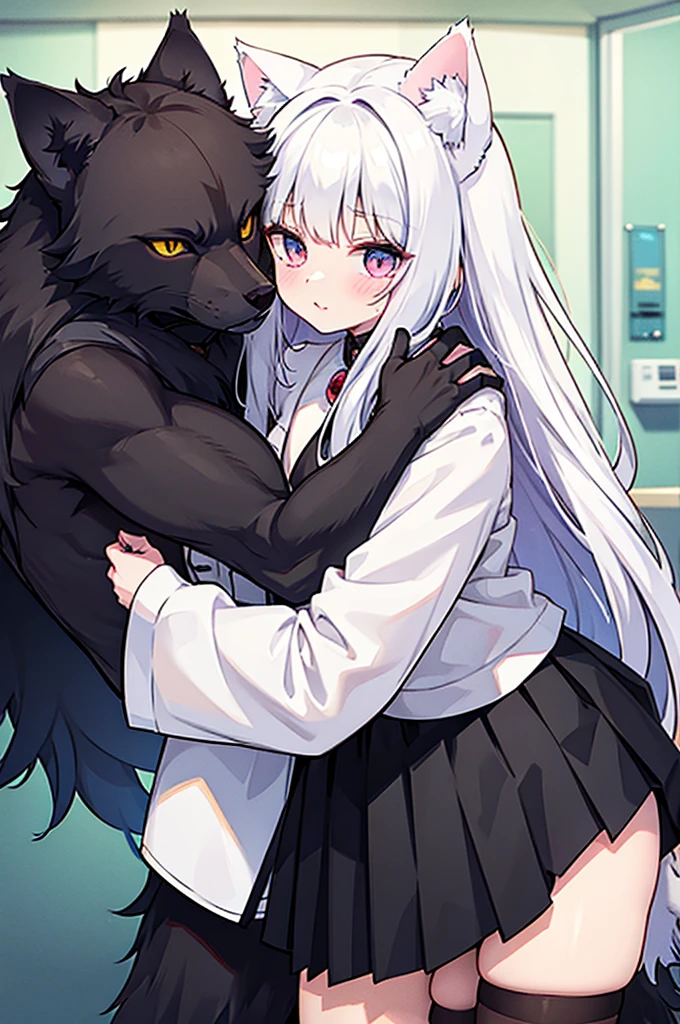 white girl cat beast, black young wolf beastman, cute, couple