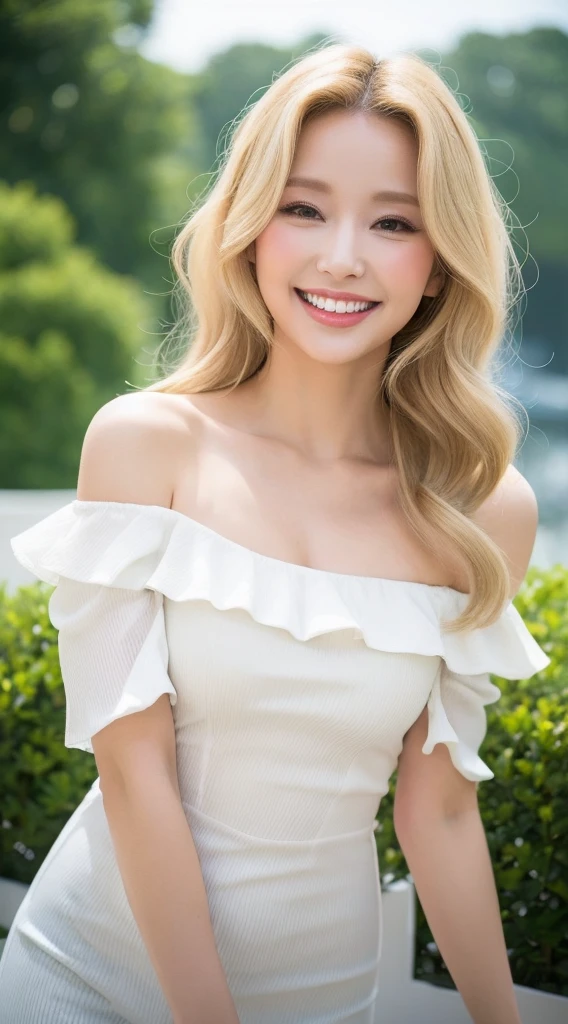 Full body snapshot、Blonde Long Hair、Loose curl hair、Ample cleavage、E Cup、Fuller lips、Looking into the camera、Double Eyes、Dressed like a goddess, clad in white cloth、Fluffy hair、put hair behind one ear、Cloud-like background、18-year-old、A confident smile、Poses that emphasize beautiful breasts、The most beautiful face in the world