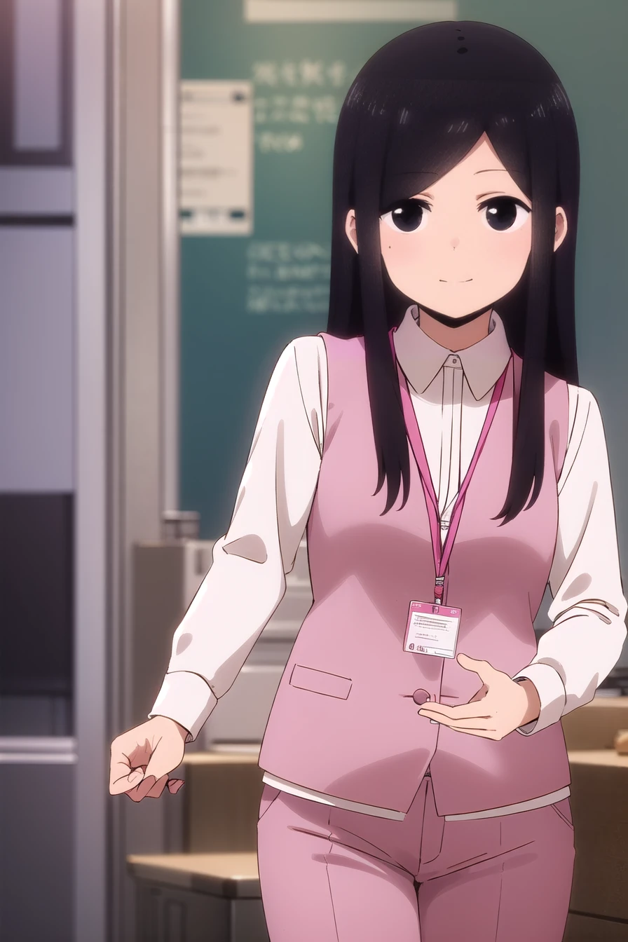 toukosakurai, touko sakurai, black hair, (black eyes:1.5), sidelocks, medium hair, mole, mole under eye, (swept bangs:1.5), smile,
BREAK shirt, long sleeves, collared shirt, pants, vest, office lady, id card, lanyard, (pink vest:1.2),
BREAK indoors, office,
BREAK looking at viewer, (cowboy shot:1.5),
BREAK (masterpiece:1.2), best quality, high resolution, unity 8k wallpaper, (illustration:0.8), (beautiful detailed eyes:1.6), extremely detailed face, perfect lighting, extremely detailed CG, (perfect hands, perfect anatomy), Wearing a dog collar, Naughty tattoo on the belly 