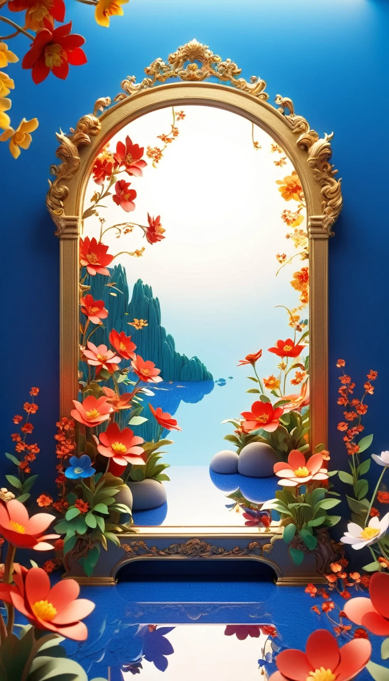 Flowers grow out of a large mirror，镜子中是以粉red云彩为主的天空，There are flowers and plants all around，Rendered in Cinema4D style and clay sculpture style，classical，Spring Garden，red，blue，gold，Dreamlike scenes，Blooming colors in bright sunlight，Virtual Reality，Fantasy World