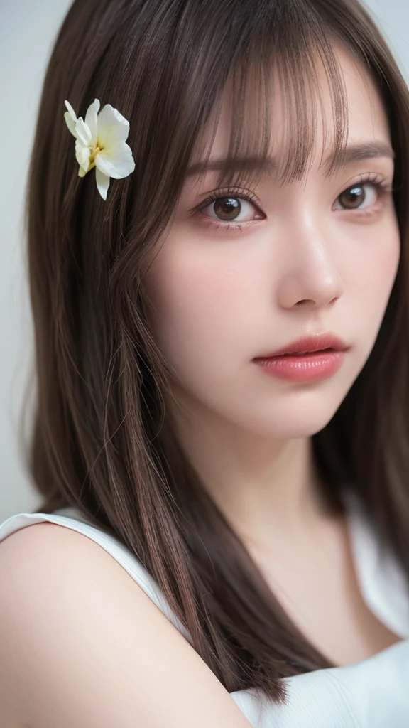 masterpiece, highest quality, 8k, 20th Generation, Large Breasts, cute, alone, sad, cute, Girlish, Delicate girl, Pure beauty,  RAW Photos, Professional photography, Portraiture, Soft Light, Professional Lighting, Backlight, Upper Body, avert your eyes, Sophisticated, Film Grain, (Eyes and facial details:1.0), Short floating hair, Beautiful, flowing hair, bangs, (Loose-fitting see-through blouse(Vibrant pastel colors))、(Large Breasts:1.2)、You can see a little cleavage、Nipple protrusion、Dolly Makeup、Translucent white skin、White Breasts、Odd Eye、The colour of the left and right eyes are different