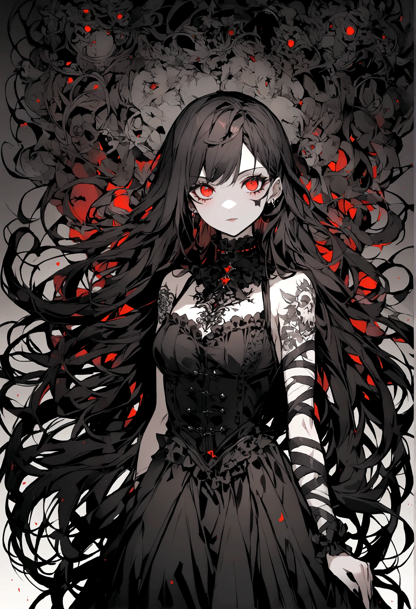 young woman, pale and white skin, wide, wavy and black. Red eyes and a black dress