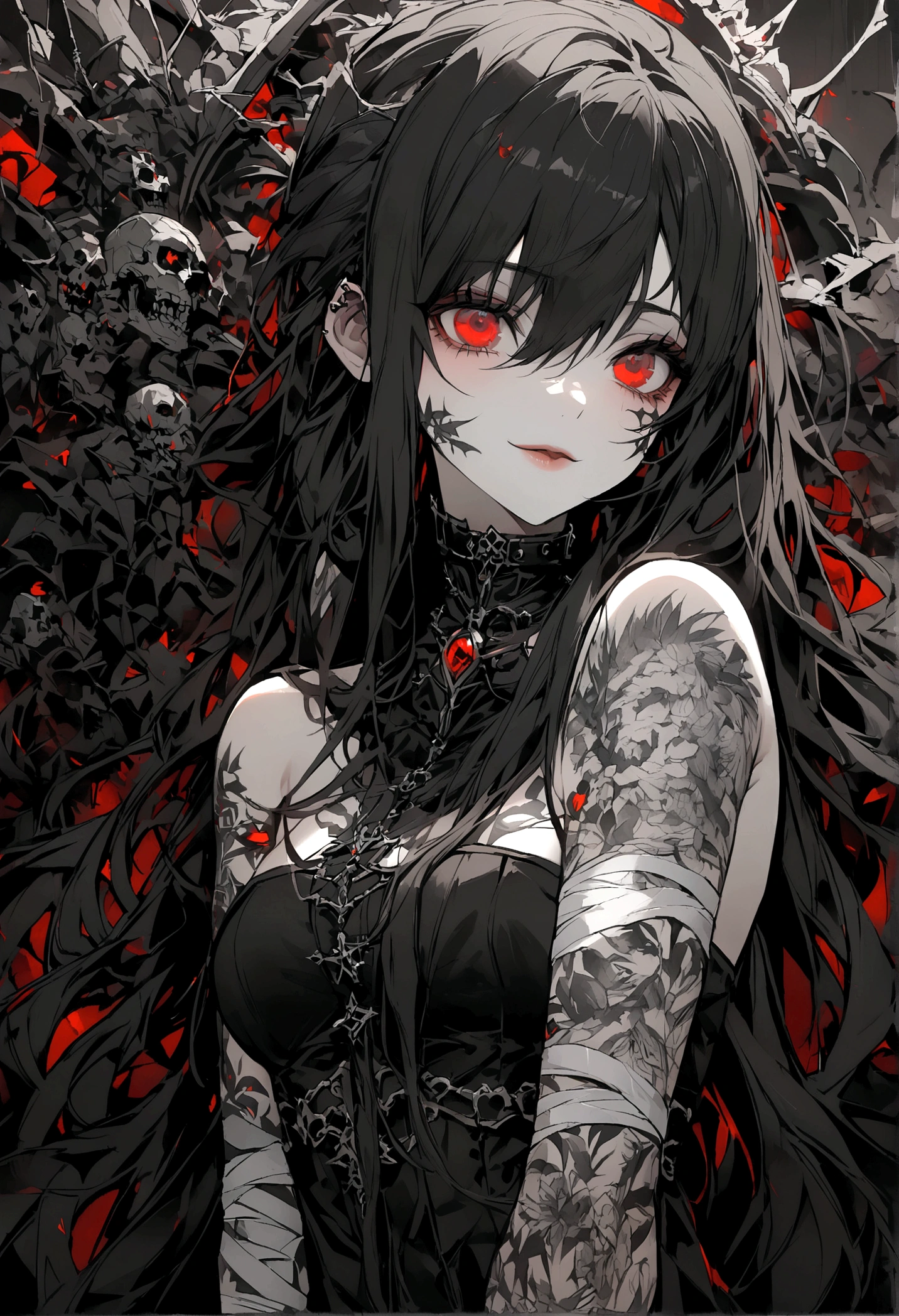 (masterpiece, best quality:1.2),bloody, beautiful face,(Gray\green skin),mermaid, horror art, blood, highly detailed, {best quality}, {{depth of field}}, illustration, solo, sharp focus, {{character {1 girl }},black straight hair,(hair is straight and loose), beautiful detailed eyes, sharp teeth, {looking at viewer},{masterpiece illustration},full body, normal angle,horror art, creepy, beautiful form of chaos, elegant, dull colors, romanticism,an evil mermaid siren, maniacal smile, atmospheric, death, decay,