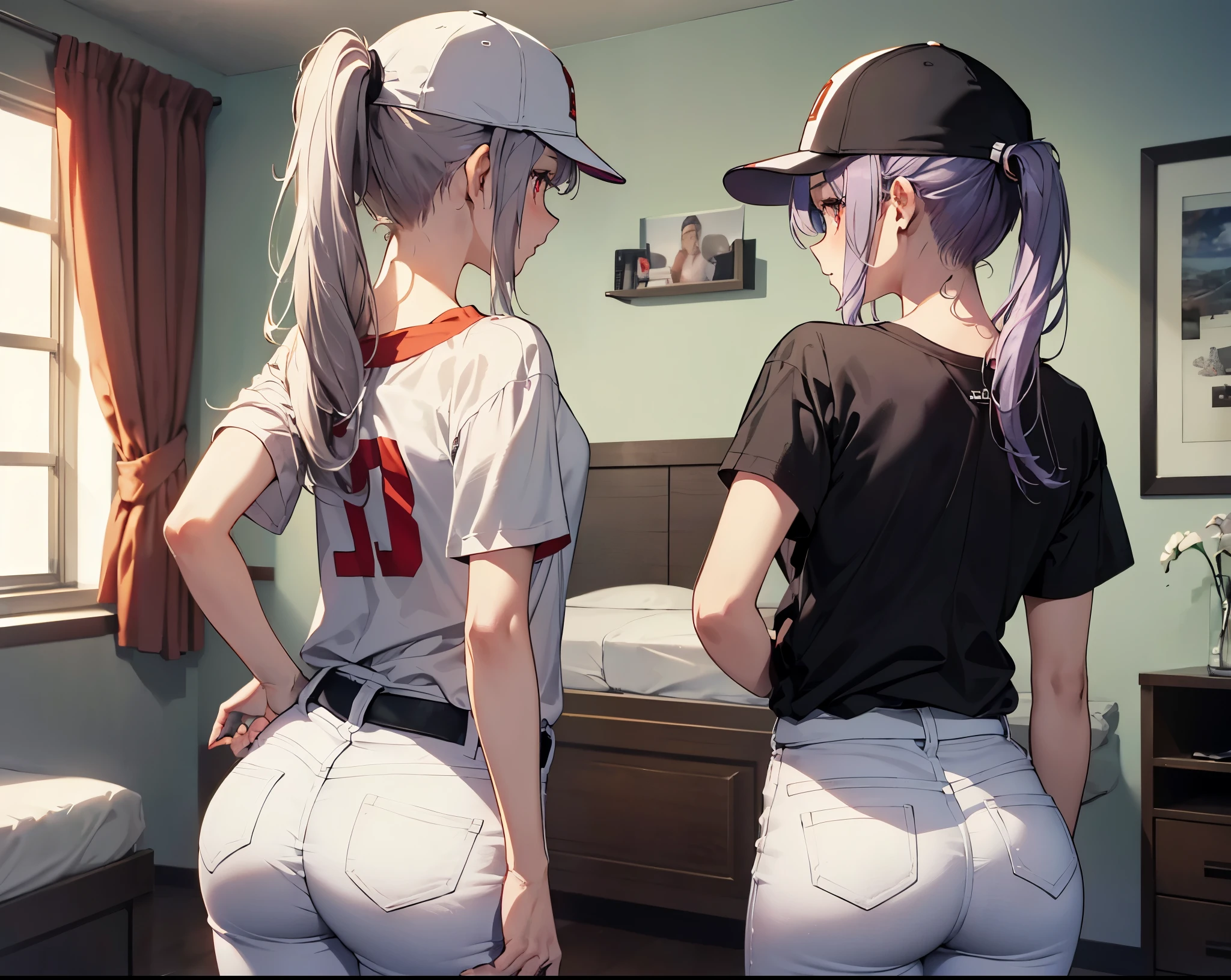 2girls, nishikigi chisato, inoue takina, lycoris recoil, couple, two women lined up, from behind, symmetry, perfect anatomy, on all fours, crawling, (big ass, fullback buruma, navyblue buruma:1.3), gym uniform, white t-shirts, thighhighs, huge breasts, looking at viewer, shy, blush, bed, masterpiece, best quality, very aesthetic, absurdres, official art, nsfw,