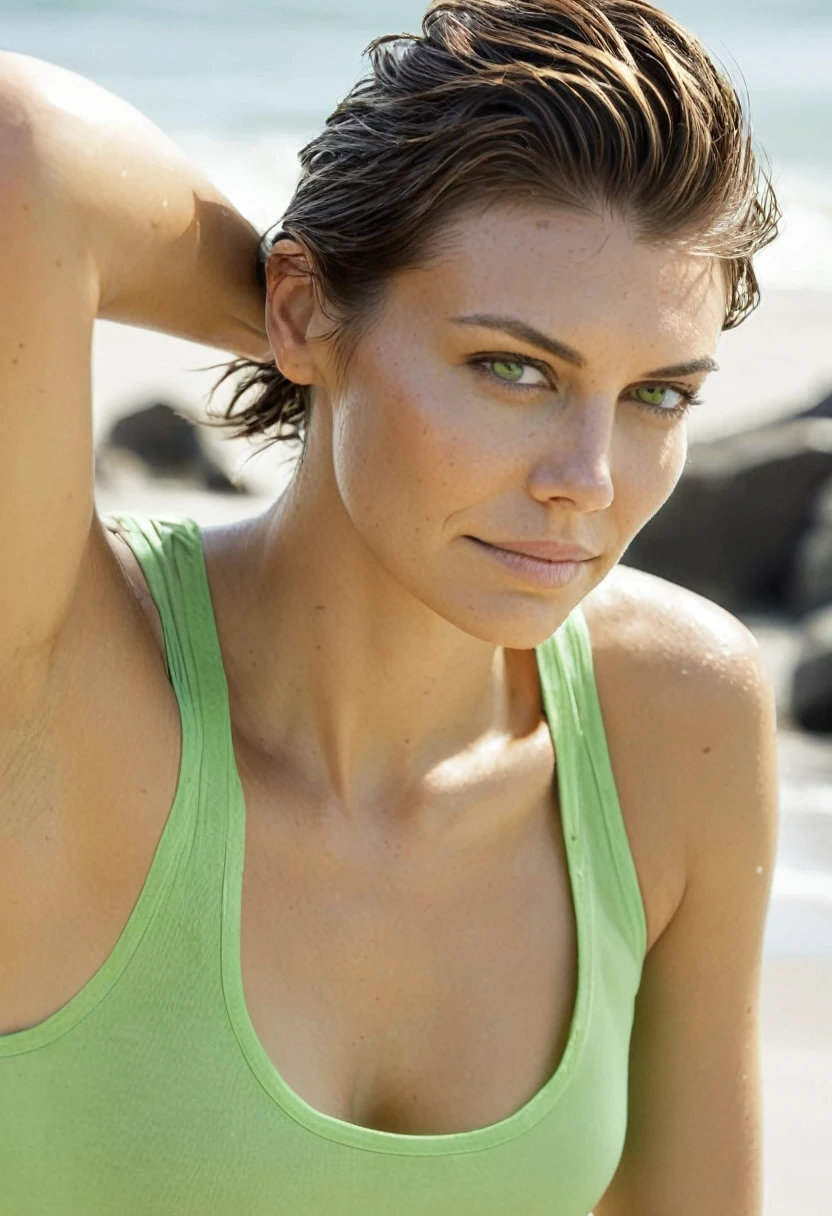 (high quality Erotic celebrity photograph ) (  lauren_cohan, , exhausted , at a  beach side  , smiling  ,( show her side , side boob tanktop  her  hair pulled back,pony tail,  incredibly sweaty light green  tank top, transparent tank top ) photorealistic ) , celebrity erotic photograph , oily skin ,   shiny sweaty skin , celebrity, female, woman, hollywood actress( perfect anatomy ,photorealistic  lights,  detailed face ,depth of field, insanely detailed skin texture, hyper detailed features, hyper photorealistic texture )