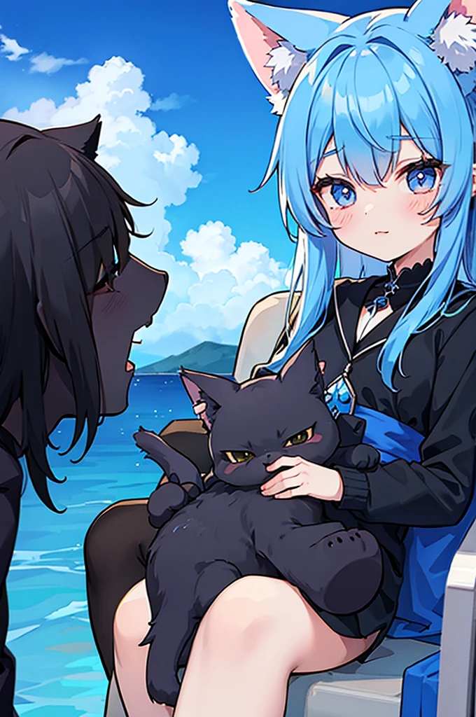 sky blue girl cat beast, black young wolf beastman, cute, couple