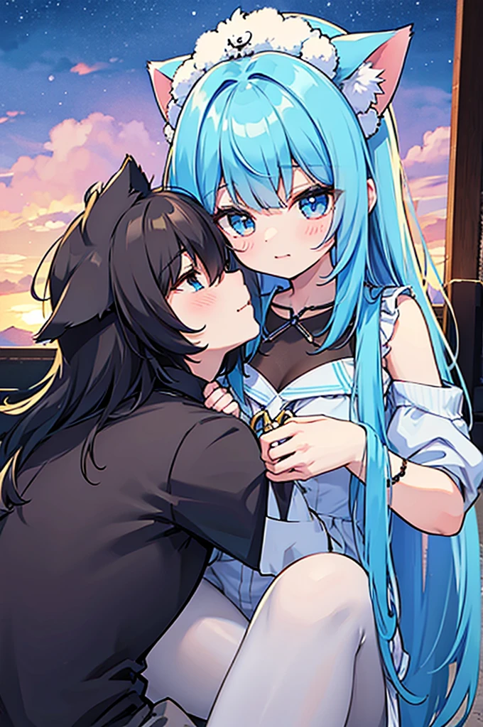 sky blue girl cat beast, black young wolf beastman, cute, couple