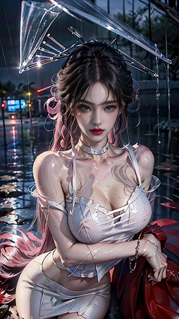 (RAW shooting, Photoreal:1.5, 8K, highest quality, masterpiece, ultra high resolution), perfect dynamic composition:1.2, street corner at night, look up at the sky:1.3, (((Typhoon heavy rain))), Highly detailed skin and facial textures:1.2, Slim high school girl wet in the rain:1.3, sexy beauty, perfect style:1.2, beautiful and aesthetic, Fair skin, very beautiful face, (rain drips all over my body:1.2, wet hair:1.4, wet uniform:1.2), water droplets on the skin, (Medium chest, Chest gap), (embarrassing smile, The expression on your face when you feel intense caress, Facial expression when feeling pleasure), (beautiful blue eyes, Eyes that feel beautiful eros:0.8), (Too erotic:0.9, Bewitching:0.9), cowboy shot, student bag, perfect limbs, perfect fingers(,nipple)，(Pink is transparent),