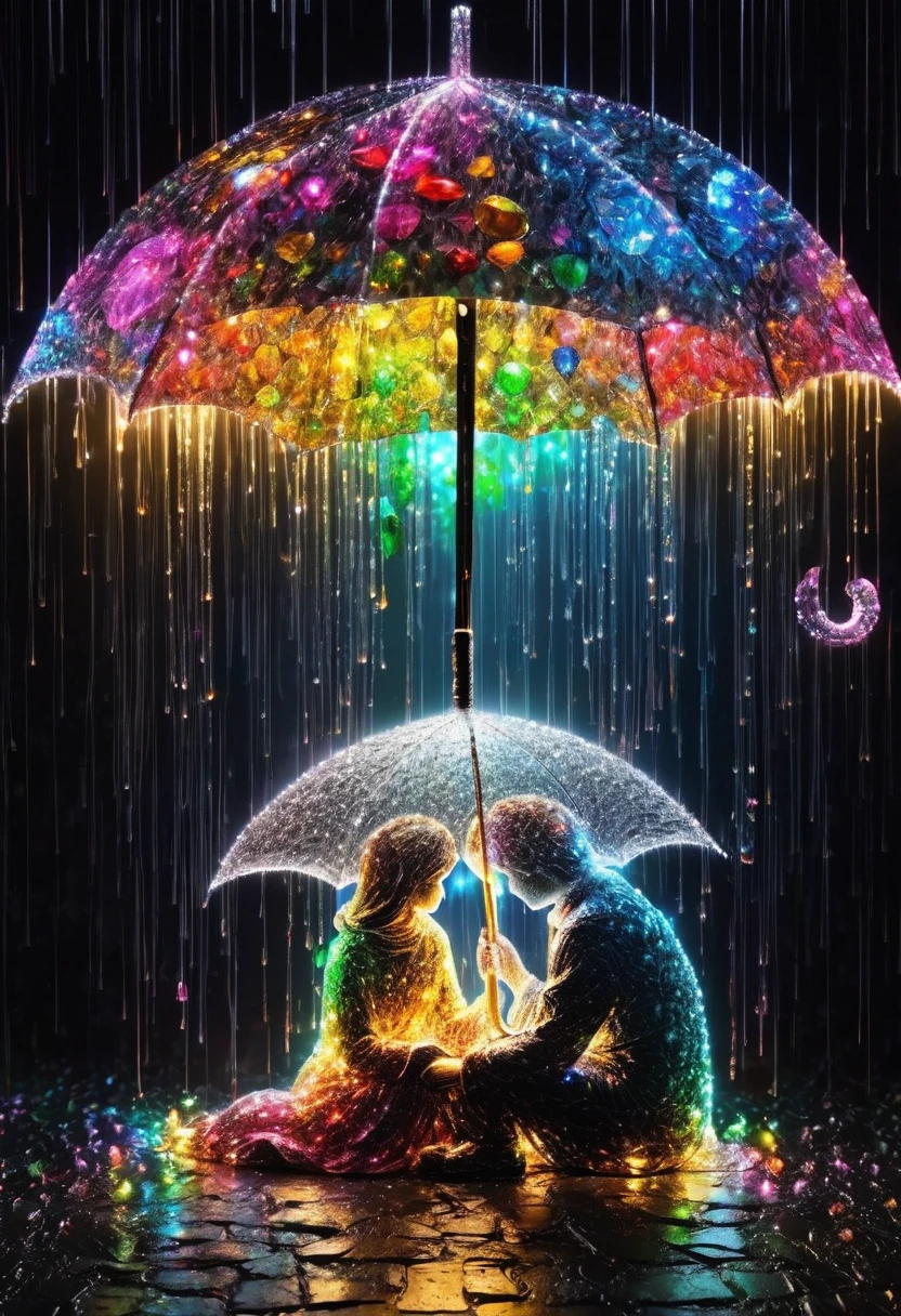Crystal lighting effect Lights made of small colored stones combined with human shaped beam layer wire saw , in the rain、A man accidentally offered an umbrella to a sad-looking girl、A tender and gentle scene,It is skillfully shaped with thin rays of light...The background is a shiny black wall