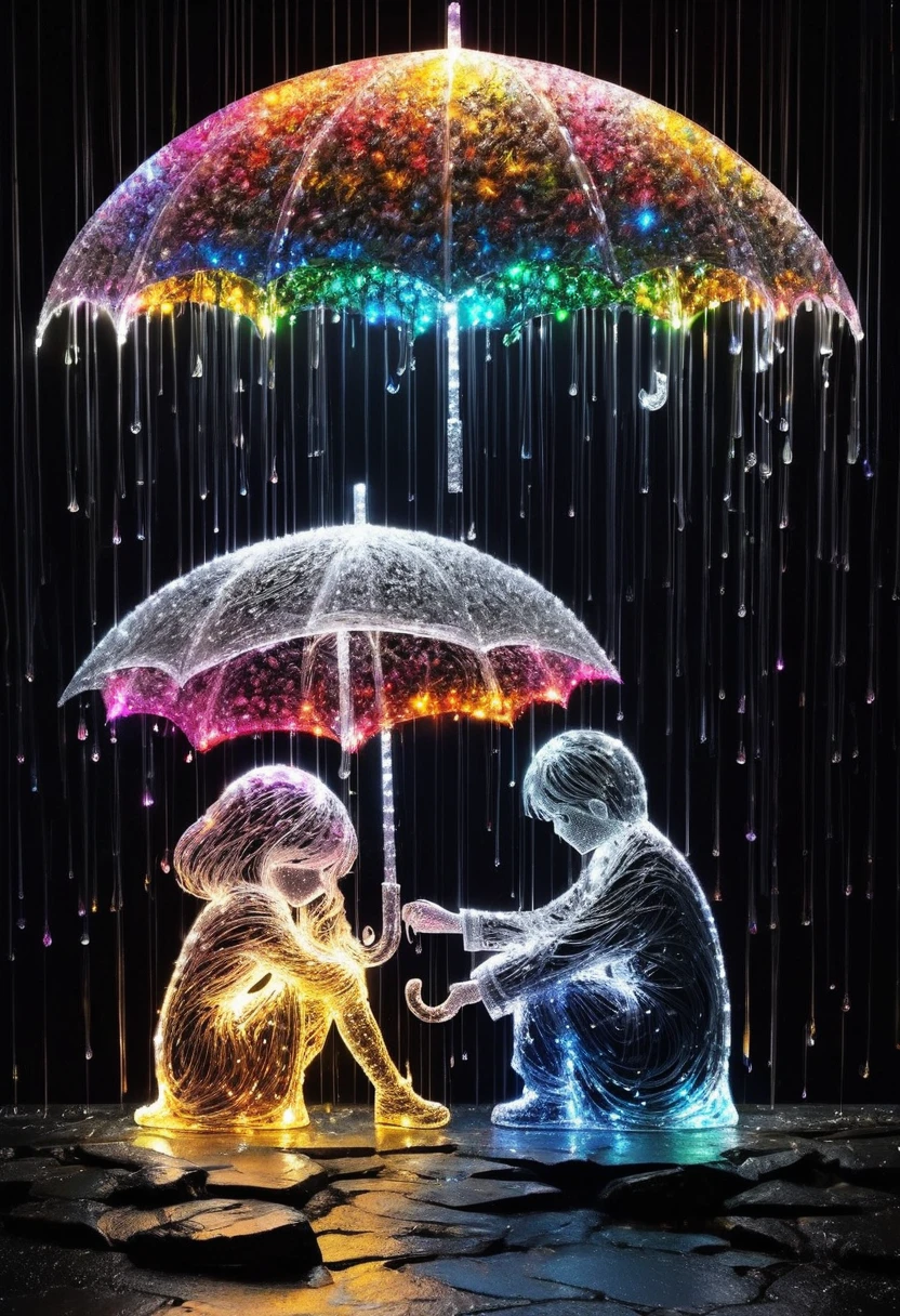 Crystal lighting effect colorful gem lighting combined with human-shaped beam layer wire saw , Kind and tender scene of man accidentally giving umbrella to sad girl sitting in the rain，It is cleverly shaped，The light is slender..Background gloosy black wall