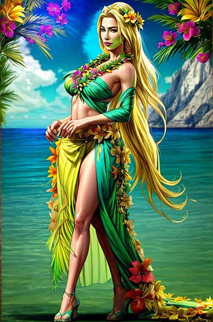 blonde girl wearing a grass skirt and lei lei, Hawaii, volcano