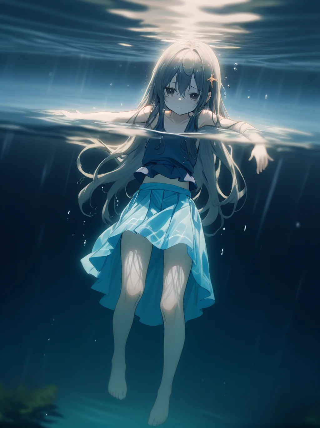  partially underwater, lakeの女神, Long Hair, Wet Hair,
lake,Dark Background, Blurred Edges,8-year-old、Flat Chest、skirt、Above the neck above the water、Body in water, Underwater Photography、浮力でskirtがめくれる