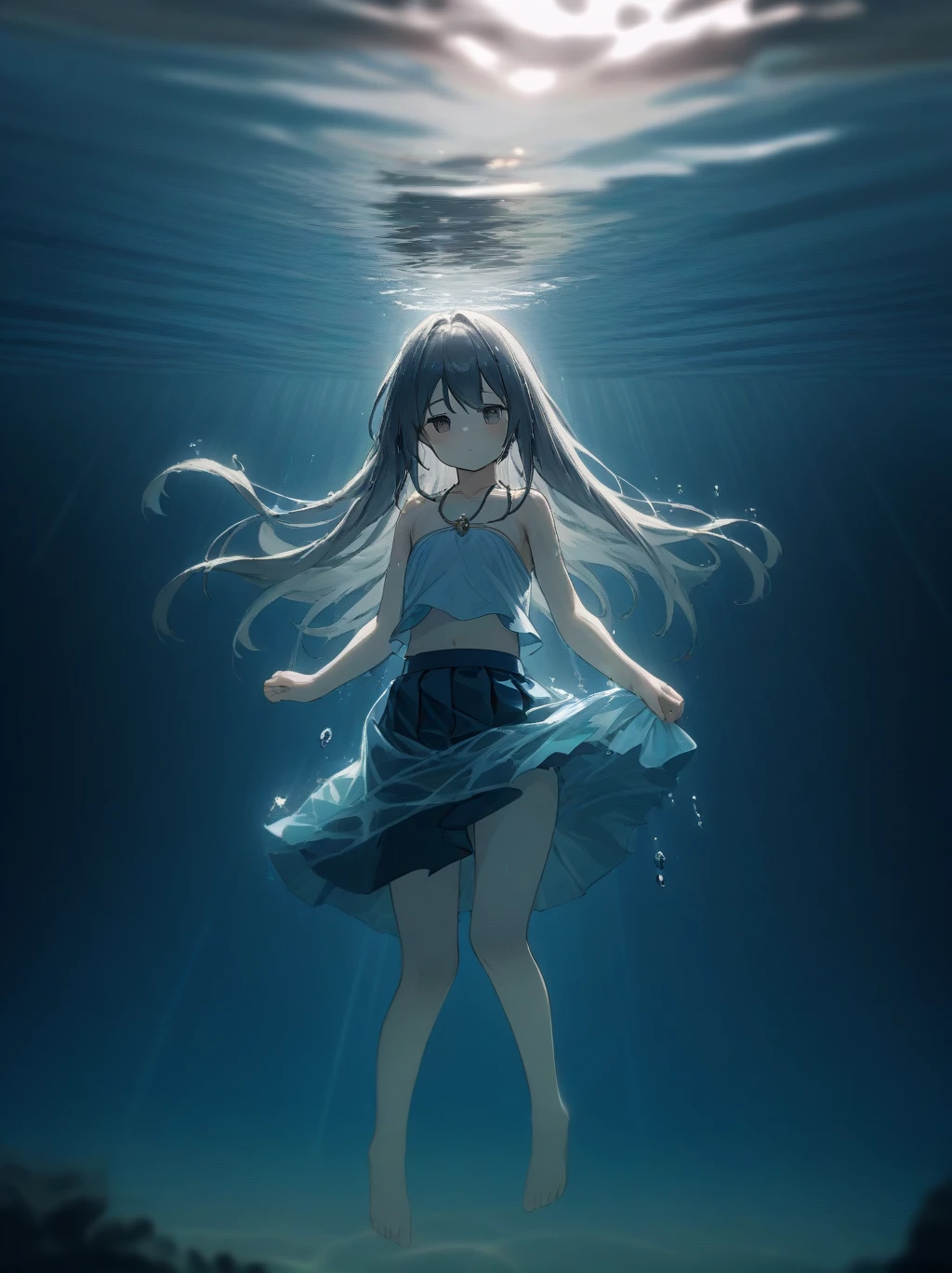  partially underwater, lakeの女神, Long Hair, Wet Hair,
lake,Dark Background, Blurred Edges,8-year-old、Flat Chest、skirt、Above the neck above the water、Body in water, Underwater Photography、浮力でskirtがめくれる