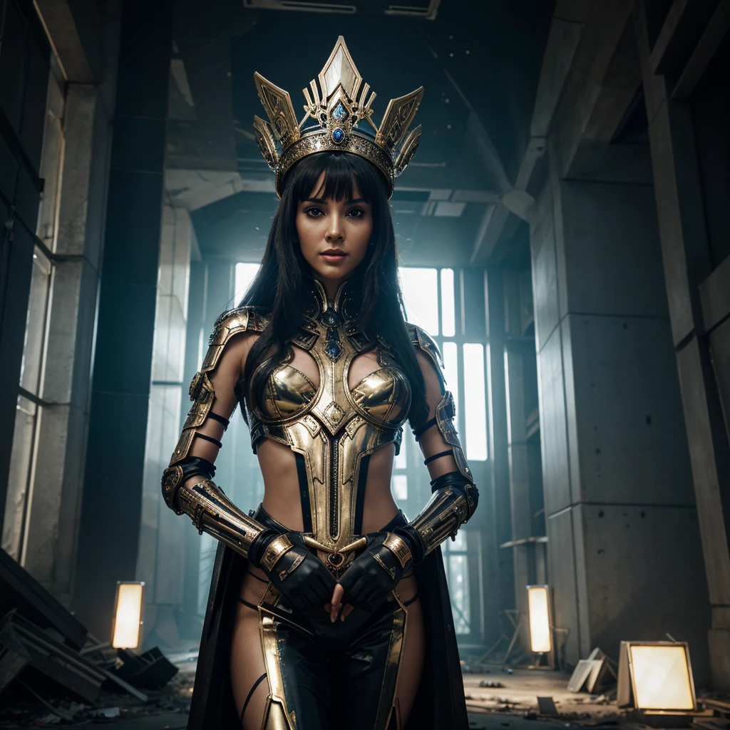 Woman in extravagant headdress, reminiscent of an ancient crown with futuristic elements.
full height, with long legs and seductive shapes.
Face with clearly defined features and metallic accents.
Suit made of transparent material with integrated luminous lines.
Background: post-apocalyptic world with destroyed buildings and remnants of technology.
outside: One arm raised up, as if she is addressing an audience or controlling something.
