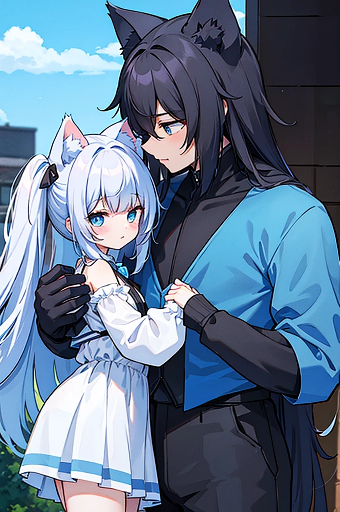 sky blue girl cat beast, black young wolf beastman, cute, couple