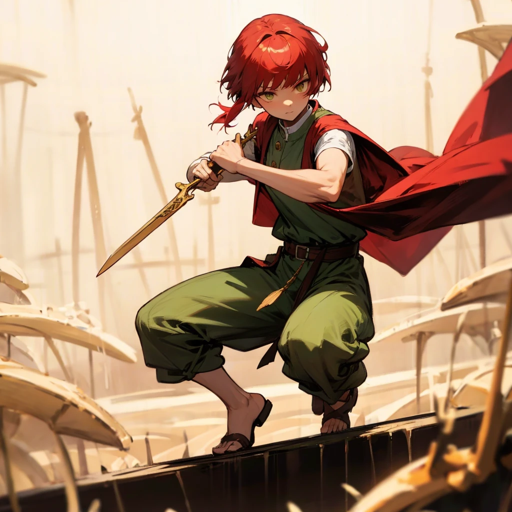 1boy, Full body version, 1character, gold eyes, deep skin, bowl cut hairstyle, monolid eyes type, maroon colour hair, Renaissance clothing, lime color clothing, Ancient Roman sandals, two dagger knife silver in two hand, silver armor vest, Grassroots background in green fields