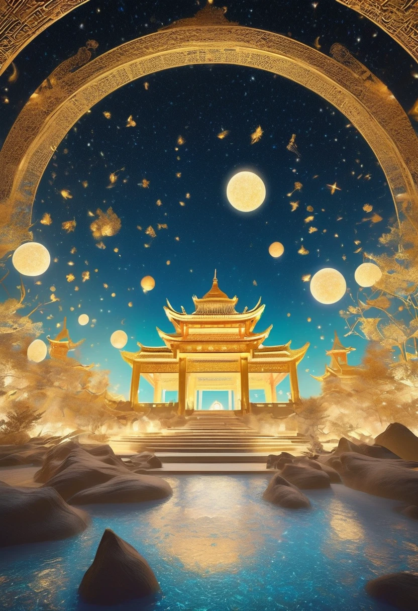 Fifty pictures from the ground to the sky，Surrounded by stars，Ancient mysterious atmosphere。3d rendering，The artistic colors of Dunhuang，Radiate Zen，。Golden text，Small figures in flowing clothes，Circular layout，Mysterious atmosphere，Gorgeous，Bioluminescence，dome light，Romantic ancient style，Dazzling light and shadow。