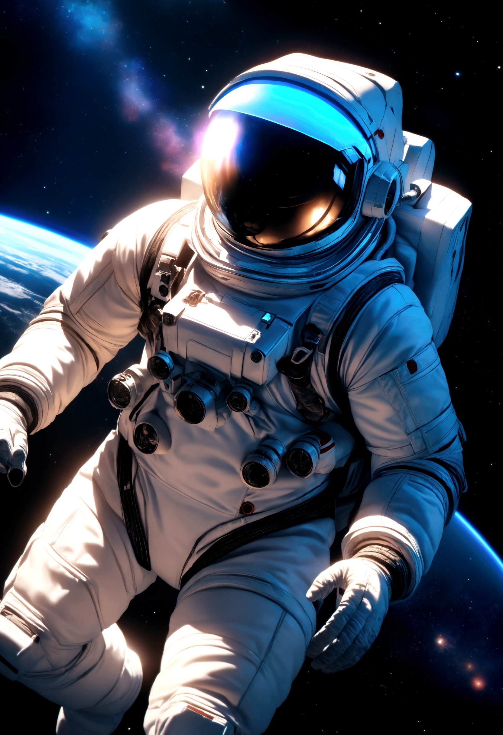 A highly detailed astronaut, floating in outer space, beautifully lit, intricate space suit with all equipment, glowing visor, serene expression, vast cosmos background, nebulae, twinkling stars, cinematic lighting, dramatic composition, photorealistic, 8K, hyper-detailed