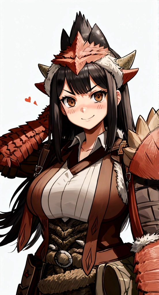 ((monsterhunter)), looking the viewer, solo, girl, shy, red cheek, bashful, embarrassed, smiling, perfect face, muscular, ((big breasts)), ((big boobs)),  long hair, beautiful eye, warrior