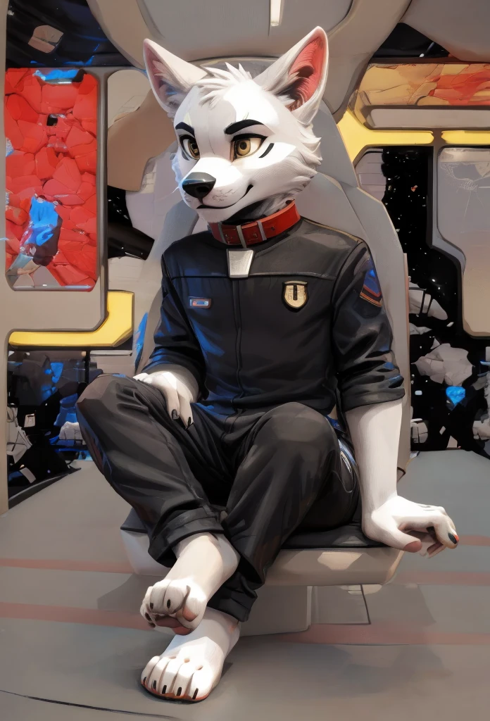 (((Barefoot furry character, full body, cinematic setting, furry male, plantigrade))) 

(((Bolt))) (anthro dog with white fur, very cute and young looking face, big black snout), exudes confidence and authority as he sits in the captain's chair, and his Star Trek DS9 uniform with the Starfleet Delta badge on his chest is a perfect match for his muscular figure. Handsome clawed feet paws dominate the bridge of the star ship and its crew. (((black and grey ds9st uniform with red collar))). Bridge of starship with many screens and consoles as background, futuristic look, metalic. anatomically correct, Long black pants, black shirt with gray shoulders, red collar.

BREAK, intricate details, highly detailed, extreme detail, octane render, fine art, best quality, highres, (detailed face:1.5), ((full_body)), UHD, (((perfect hands))), low light