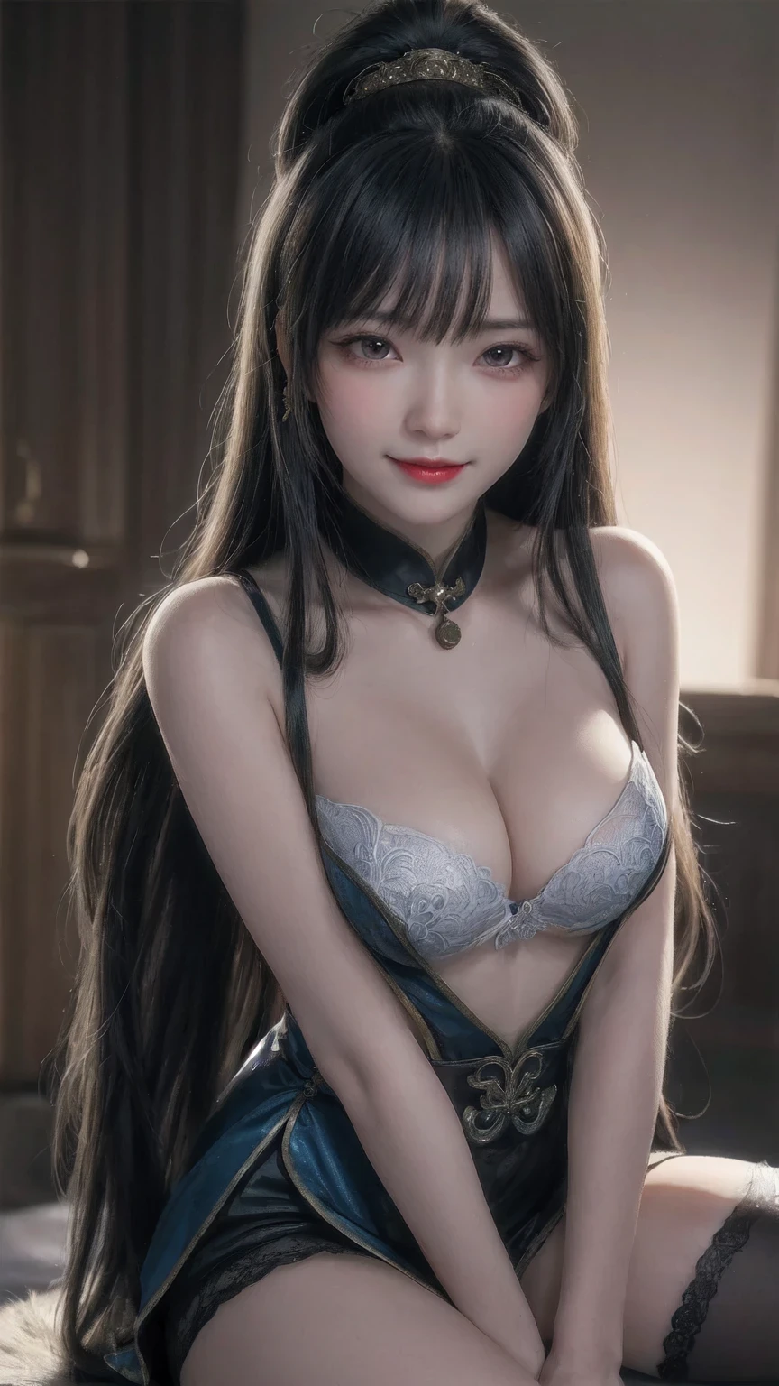 (from front:1.5),POV,China,Dark Big Oriental eyes,Black long hair gathered in a Chinese ponytail,metal shoulder,Blend of blue gold,white Pattern, Dragon Pattern,arms behind back,hands behind heads, black lence stockings,Strangle,smile,ultra high res, (photorealistic:1.4), raw photo,16K,dramatic lighting,small breast,