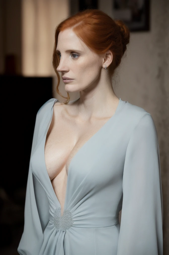 (Masterpiece: 1.2), (Best Quality), Jessica Chastain, Portrait Photography, Fashion Evening Dress with Natural Skin Texture, 24mm, 4k texture, Soft cinematic light, Original photo, realistic, elegant, Very detailed, Sharp focus, Soothing tones, Low contrast, Soft cinematic light, (black background), Exposure blending, HDR, faded, Waist shot, Top prime lens, Waist shot, full and voluminous, Kodak Portra 400, ultra-realistic, Realistic textures, dramatic lighting, Cinestill 800