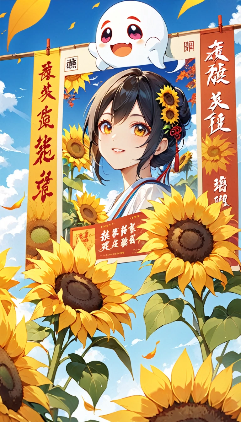 Sunflower close up with sky background, poster ; summer, author：Yi Zai Guan, Ghost Festival, by Liao Chi-chun, vibrant tourism poster, Wang Chen, possible, author：Ma Yuanyu, author：Ju Lian, Inspired by Sun Kehong