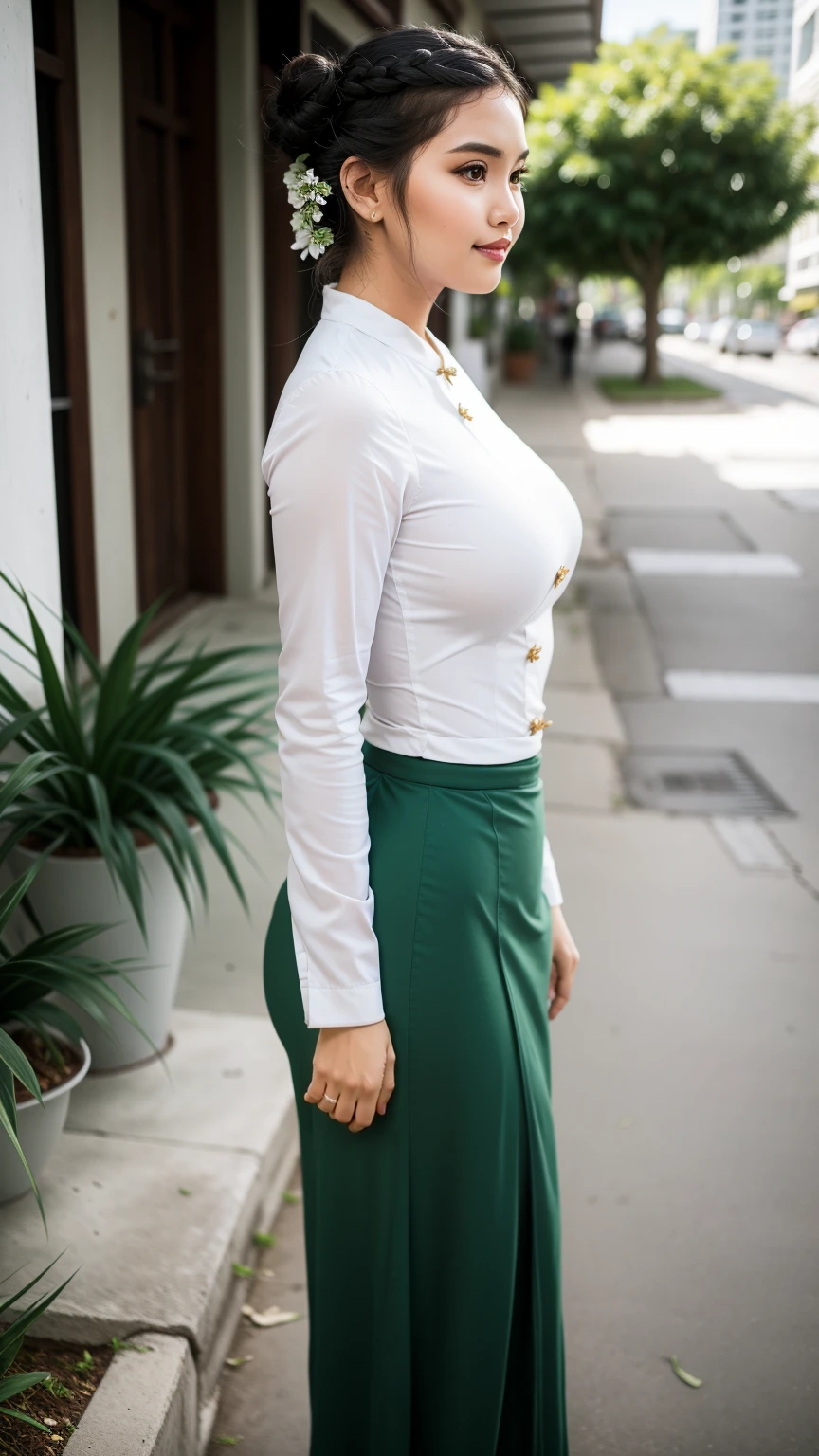 A closeup of a woman with a ((loose white t-shirt, short sleeve t-shirt)) and a green skirt Hyperrealistic close-up photo of Eva Longoria, masterpiece, Best Quality, (photorealistic:1.4), (green traditional mexican long skirt:1.2), (traditional green Mexican blouse with straps:1.2), Mexican city market, cinematic light, beautiful woman, skinny, medium breasts, Smooth brown fur, detailed face, smile, photo taken from a distance, 20 years old tears