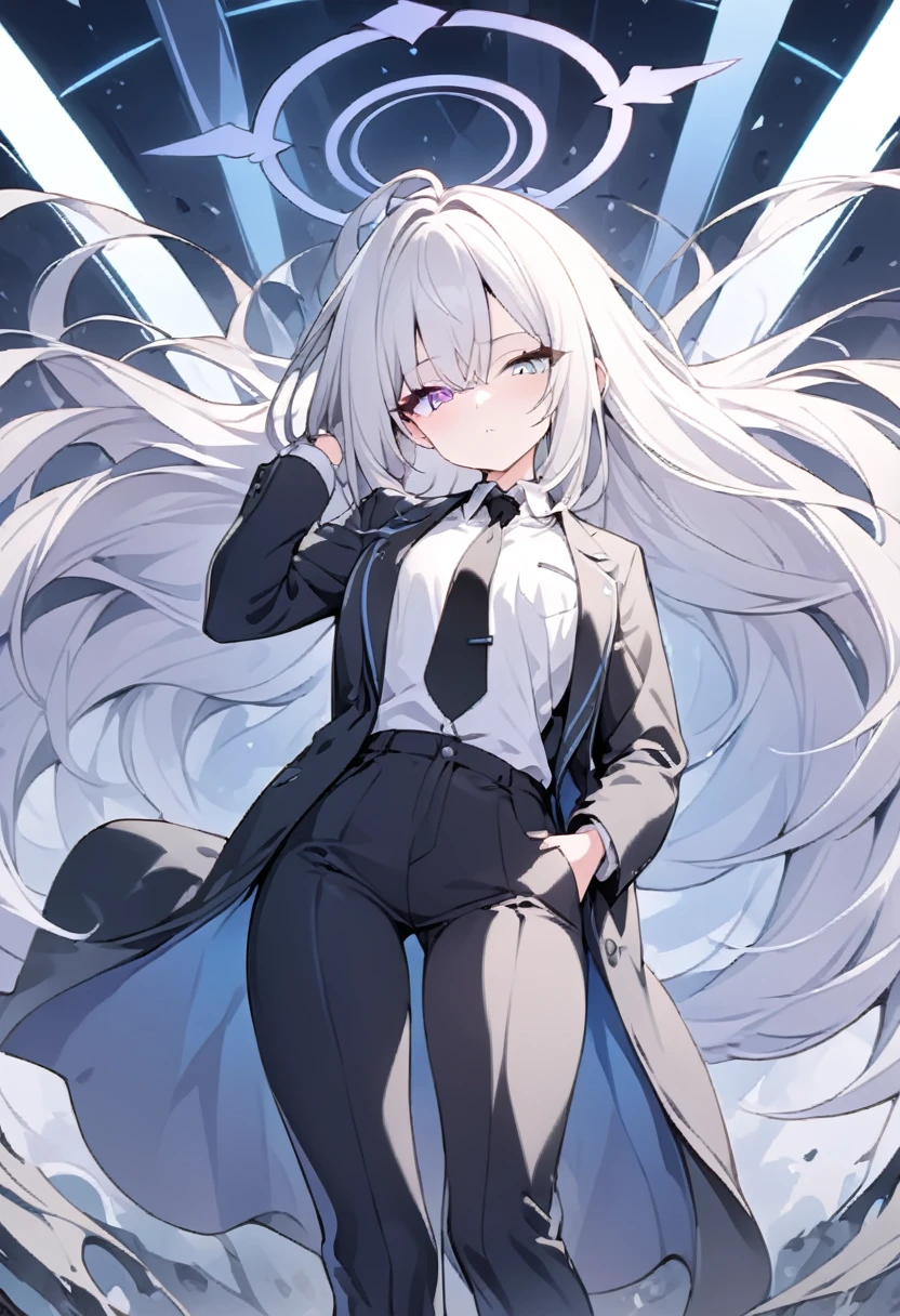 (Highest quality), (High resolution), (masterpiece), (Super detailed), (Highest quality), (High resolution), (masterpiece), (Super detailed), (Bright saturation), Thigh-length hair, White Hair, Heterogeneous eyes: purple left eye and blue right eye, Blue Archive Art Style, One girl, Swinging a black sword in his right hand, Left hand in pocket,  girl, (Black long coat, White shirt, Black tie, Black trousers, suit,) whole body, Countless swords of light are stuck in the ground., Magic circle in the background, Expressionless, Vivid saturation, Black halo