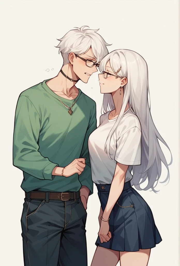 A white haired woman with green eyes and white wolf ears and a white wolf tail in a leather jacket and jeans is smiling and blushing in a flurry of white roses