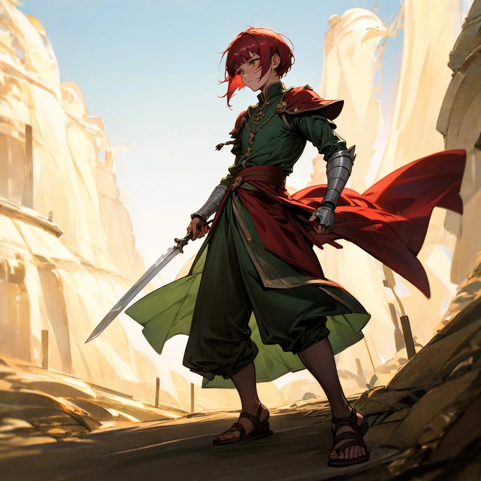 1boy, Full body version, 1character, muscle hand, muscle body, gold eyes, deep skin, bowl cut hairstyle, monolid eyes type, maroon colour hair, Renaissance clothing, lime color clothing, Ancient Roman sandals, two dagger knife silver in two hand, silver armor knight, Grassroots background in green fields, full background, in the afternoon, the silhouette of the afternoon sun, fire, fire, smoke, dagger knife emits light