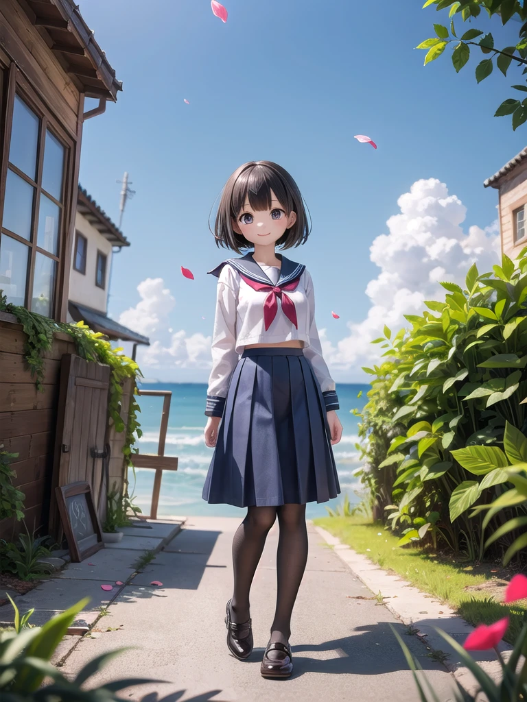 wallpaper, Clear Face, (masterpiece),  town,  blue sky,  One Girl, Put people on the right,  smile,  alone,  Sailor suit、Long skirt,  Overgrown,  petal,  plant、Skirt lining、White slip、nostalgic、pantyhose（gray）、You can see the sea in the distance, Crotch close-up