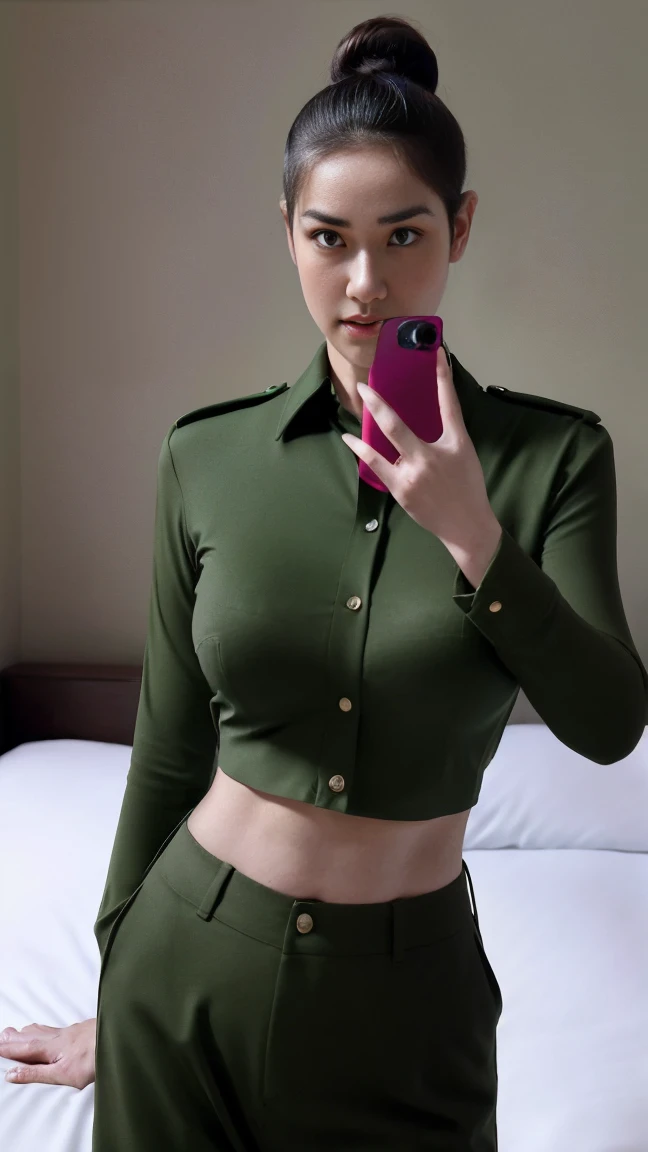 Best quality, masterpiece, ultra high res, (photorealistic:1.4), 1girl as flight attendance, ((erotic)), ((sexy)), ((nsfw)), ((huge breast)), tight green flight attendance uniform, ((Unbutton the uniform)) realistic,(looking at viewer:1.3),undressing, show bra, show underwear, cabin crew, solo, detailed face, black hair in bun, (looking at camera:1.6), in (random outfit) (narrow waist:1.2), shirtlift, perfect skin, in the room,on bed, beautiful lighting,(random posing),