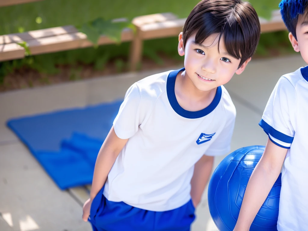 夏休みのprimary school校、primary school5Grade、Japan Boy、hot day、Set gymnastics、Acrobatics、A boy on the move、Short sleeve gym uniform、Blue shorts、physical education、barefoot,(Boy 1.4)、Boys only 、(10Age 1.4)