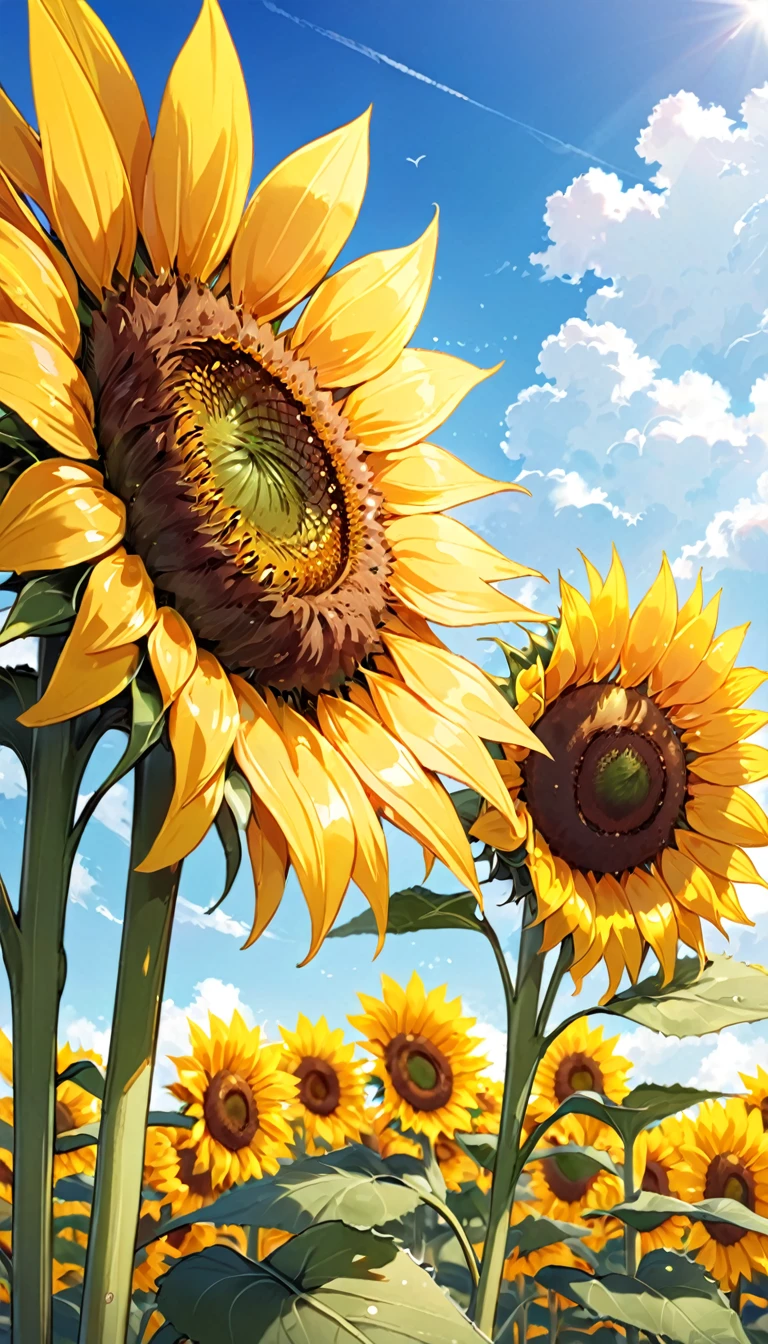 Sunflower close up with sky background, poster ; summer, 