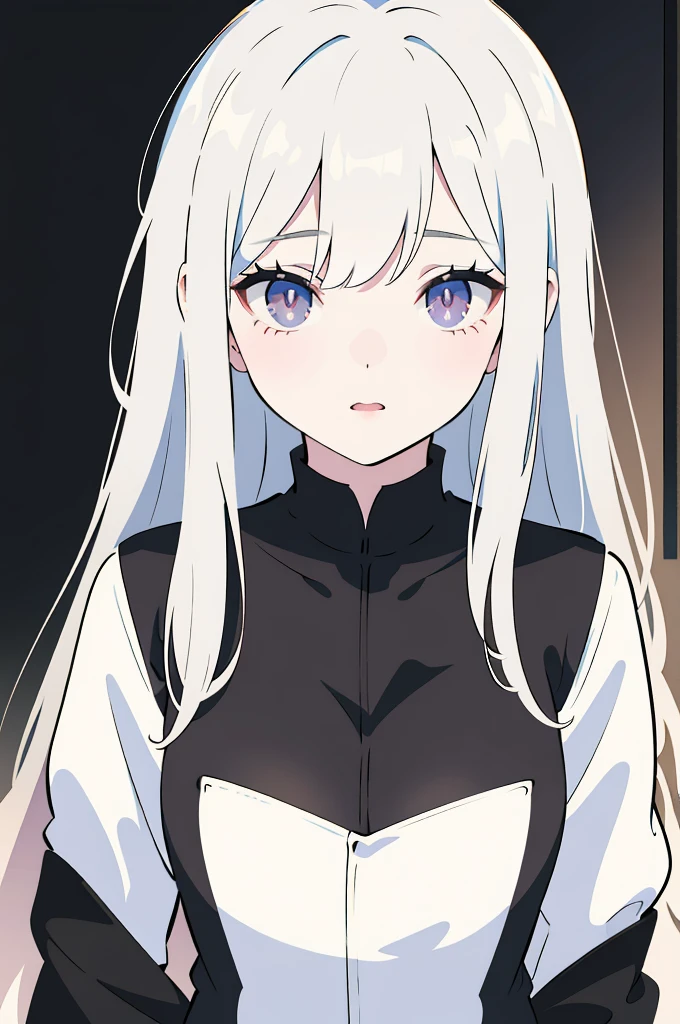 1 girl, ((Girl is curvy and slim, attractive and tall)), ((Girl has long silver hair)), ((purple and blue gradient eyes)), ((Girl wears a black body shirt, white jacket, short white pleated skirt, black stocking)), ((Girl is in the bedroom)), ((Girl is looking at viewer, serious, crossing arms)), 8k, ray tracing, night, zooming out