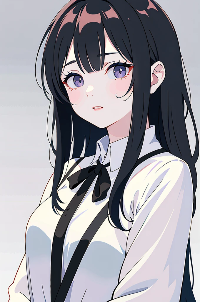 2D Anime Wallpapers,long black hair,girl,Black long sleeves、Tie Uniform,black mini skirt,big breasts,,With a dull look、((Take a photo facing the front))、((pure white background))